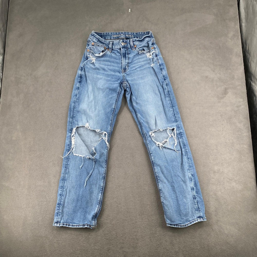 American Eagle Mom Jeans Womens 6 Regular Distressed Blue Denim High-Waist